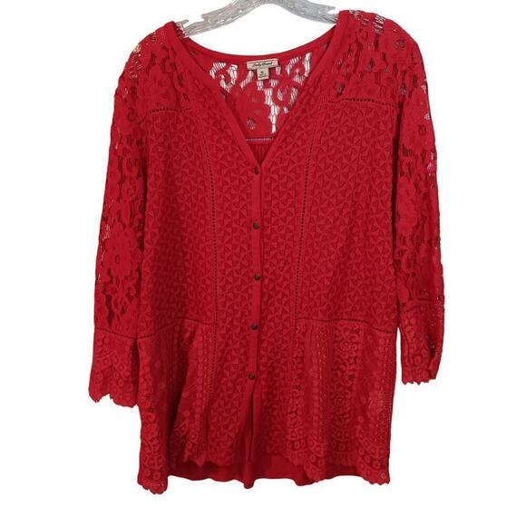 EUC Lucky Brand Size XL Red Lace Button Up Long Sleeve Blouse - Picture 1 of 5